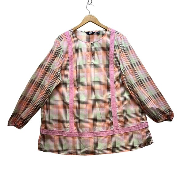 Lands End Womens Blouse Top Size1X Muticolor Plaid Keyhole Neck Casual Retro - Picture 1 of 12